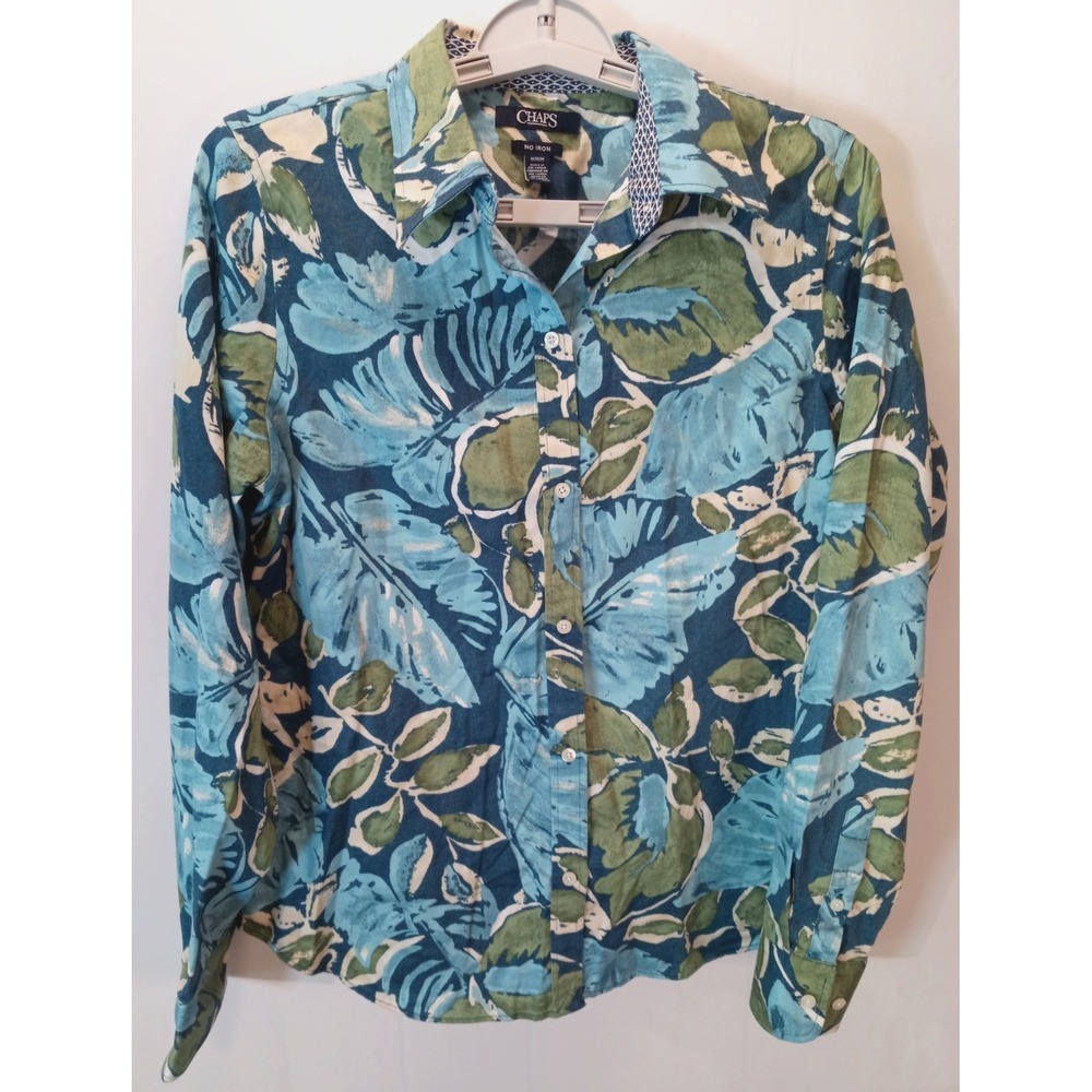 Chaps Flip Cuff No Iron Women's Button Up Shirt Top, Medium, Blue Green Leaf